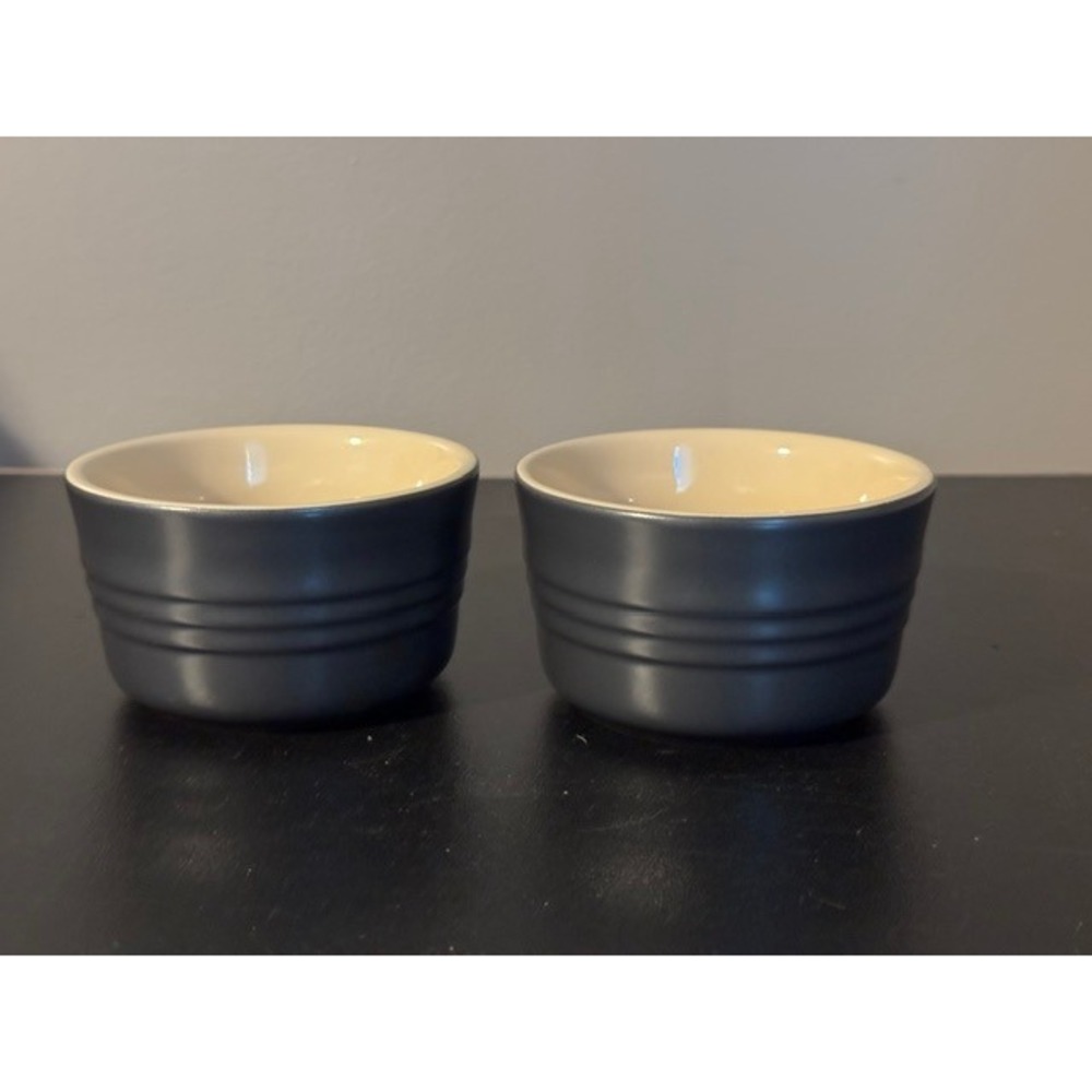 2 Le Creuset stackable stoneware ramekins Oyster Gray EUC